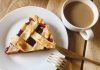 Slice of pie with silverware and coffee.