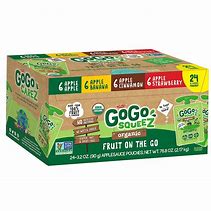 shows box of organic GoGo Squeeze applesauces pouches. Box is brown and green, with cartoon apples bananas, and strawberries. 