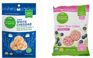 Screen shot of two bags of mini rice cakes. One is white cheddar, the other is blueberry