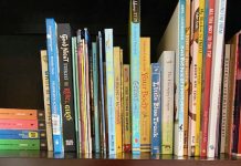 Shows bookshelf full of different colored picture books.