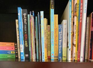 Shows bookshelf full of different colored picture books.