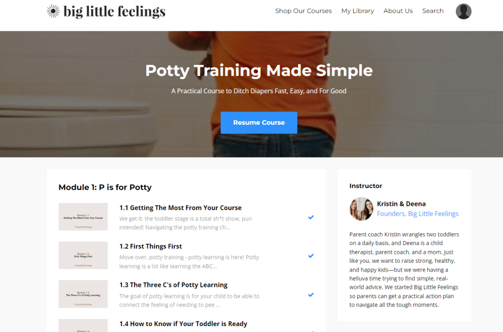 Screenshot of Big Little Feeling's Potty training course.